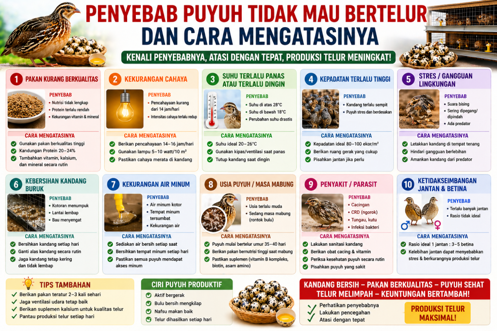 Penyebab Puyuh Tidak Mau Bertelur dan Cara Mengatasinya